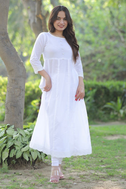 White Cotton Anarkali with Leggings