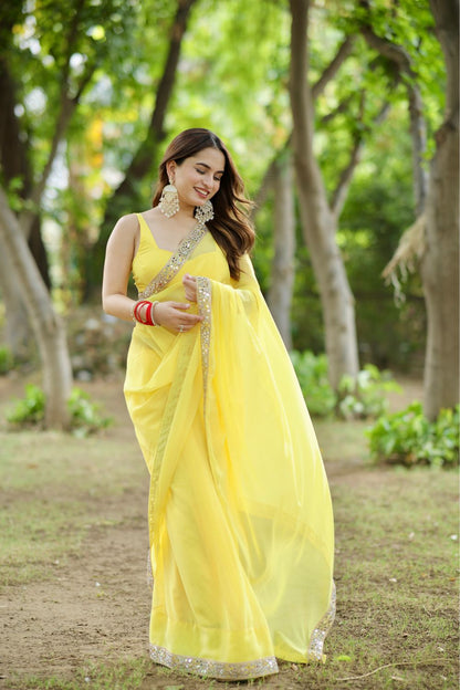 Raveena Georgette Yellow Saree with Blouse