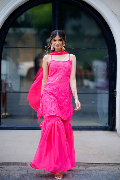 Laila chikankari suit in Vibrant Pink