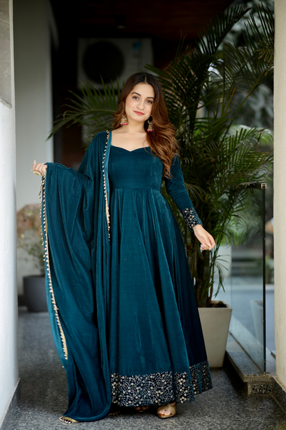 Deepika Velvet Anarkali- Sea Green