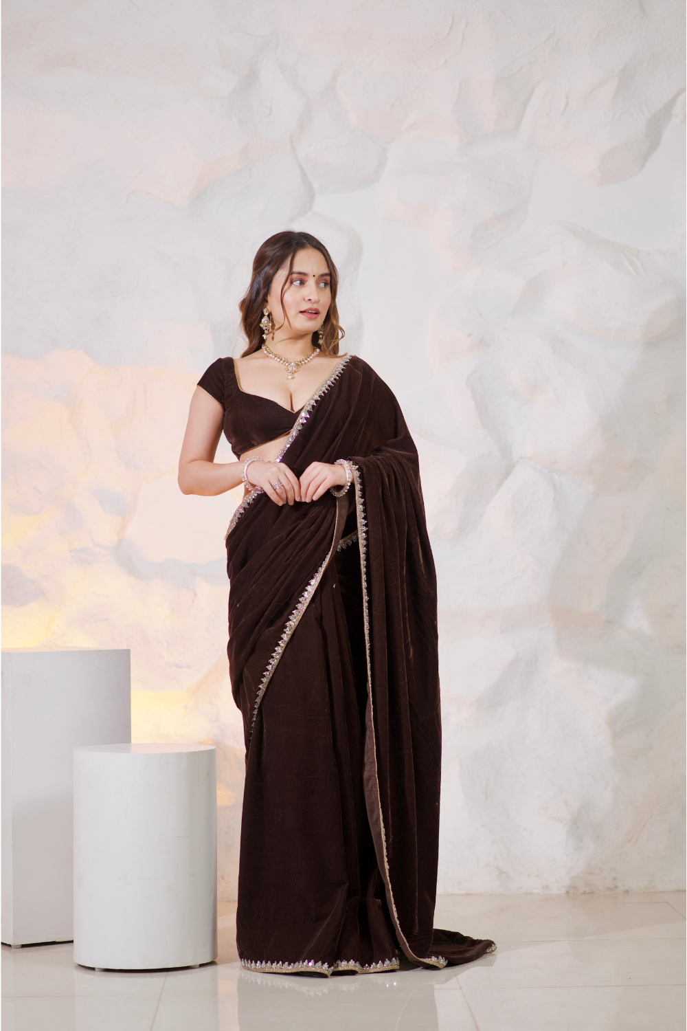 Nazia Brown Velvet Saree