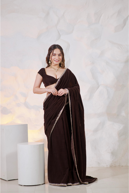 Nazia Brown Velvet Saree