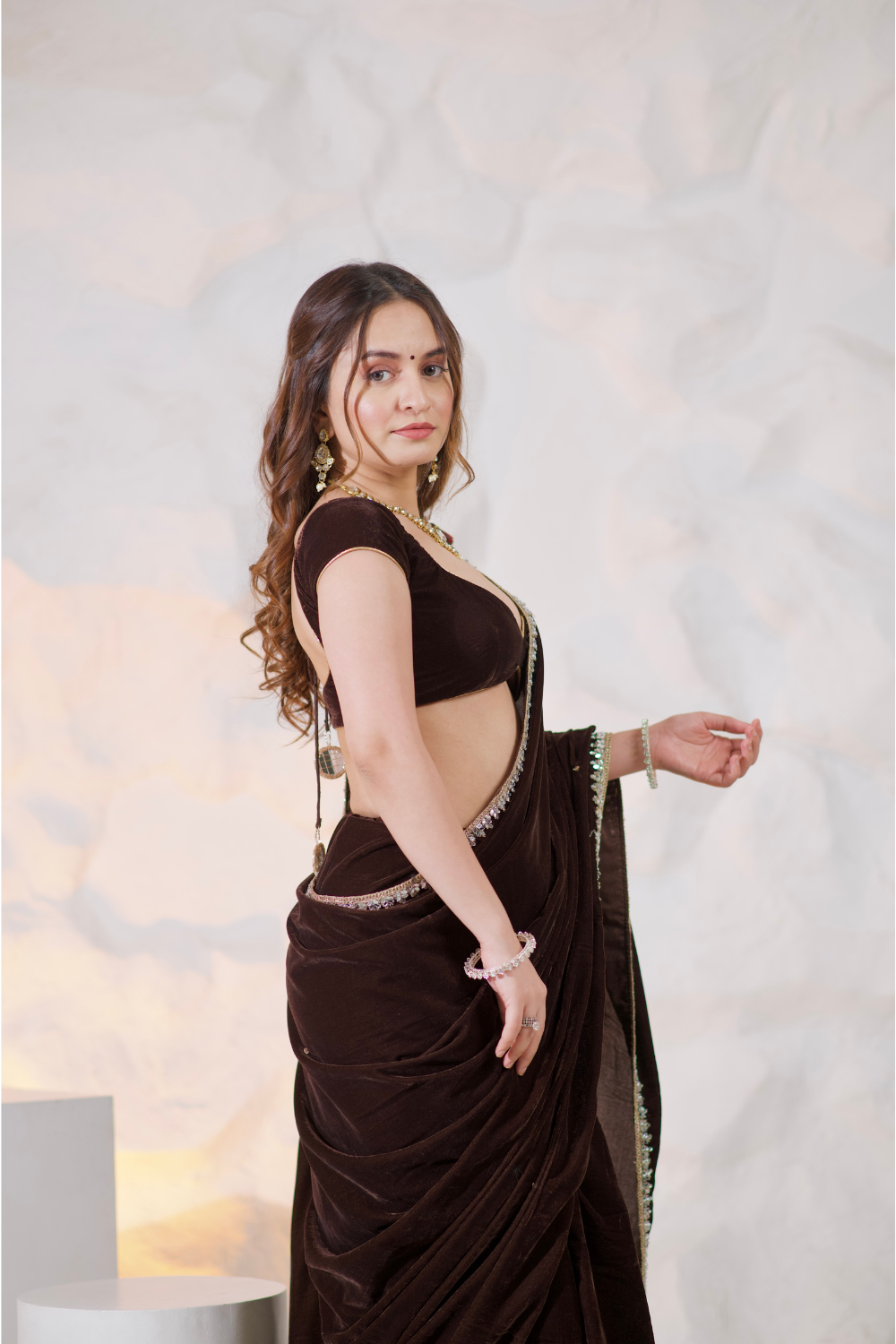 Nazia Brown Velvet Saree