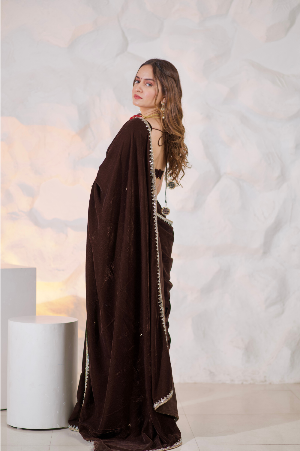 Nazia Brown Velvet Saree