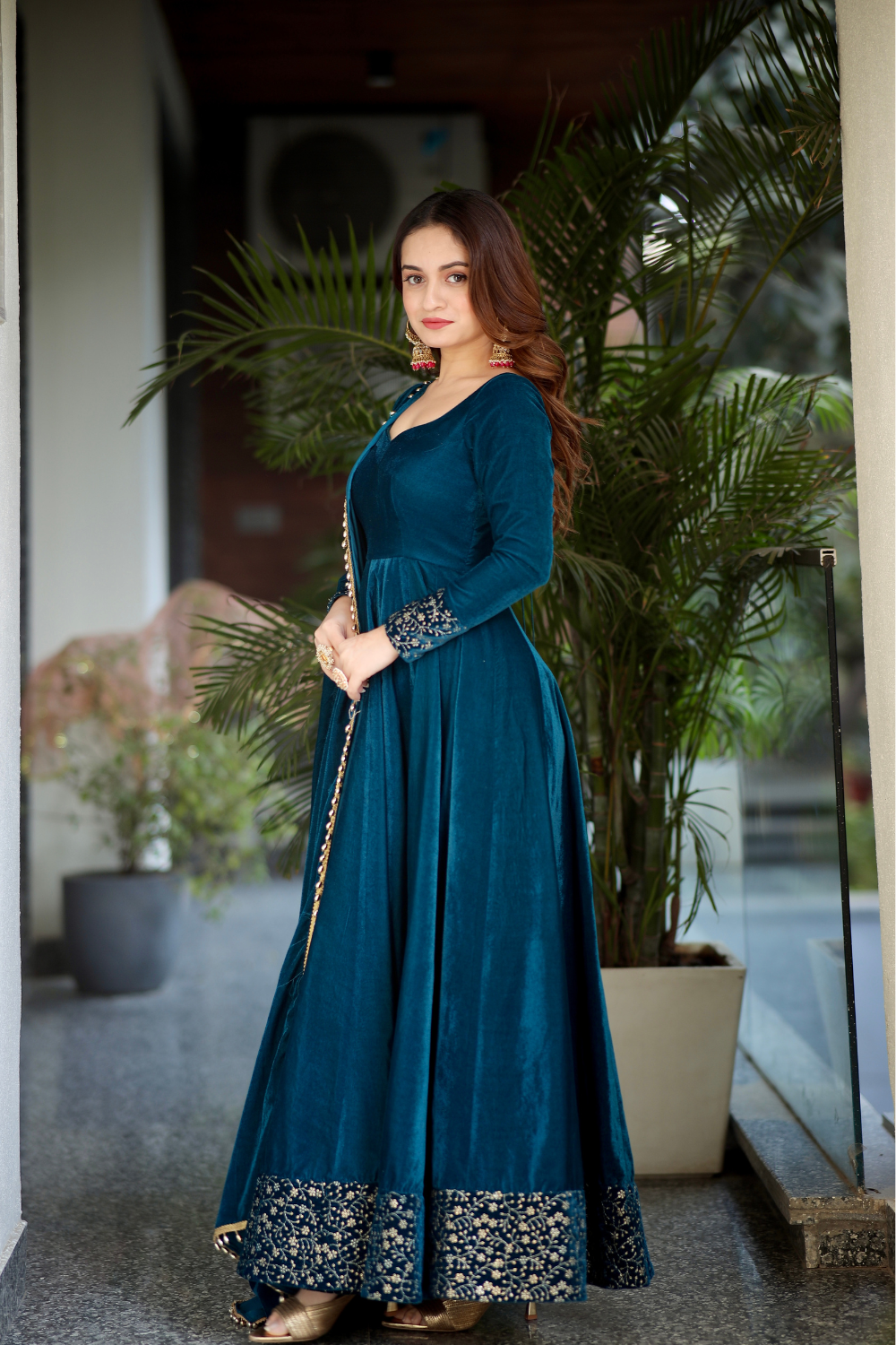 Deepika Velvet Anarkali- Sea Green