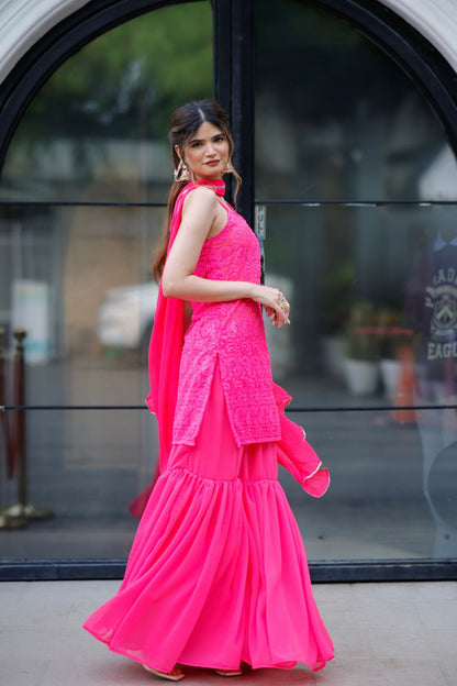 Laila chikankari suit in Vibrant Pink