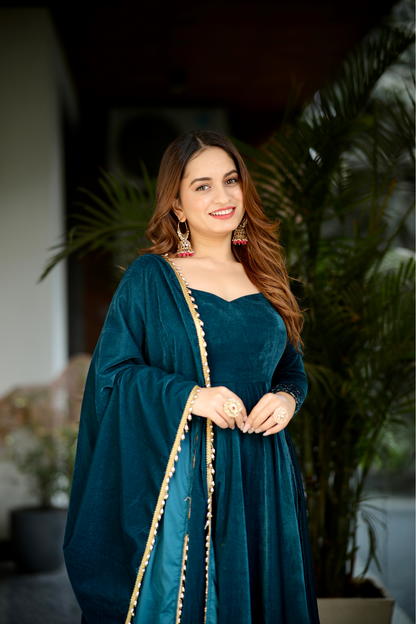 Deepika Velvet Anarkali- Sea Green