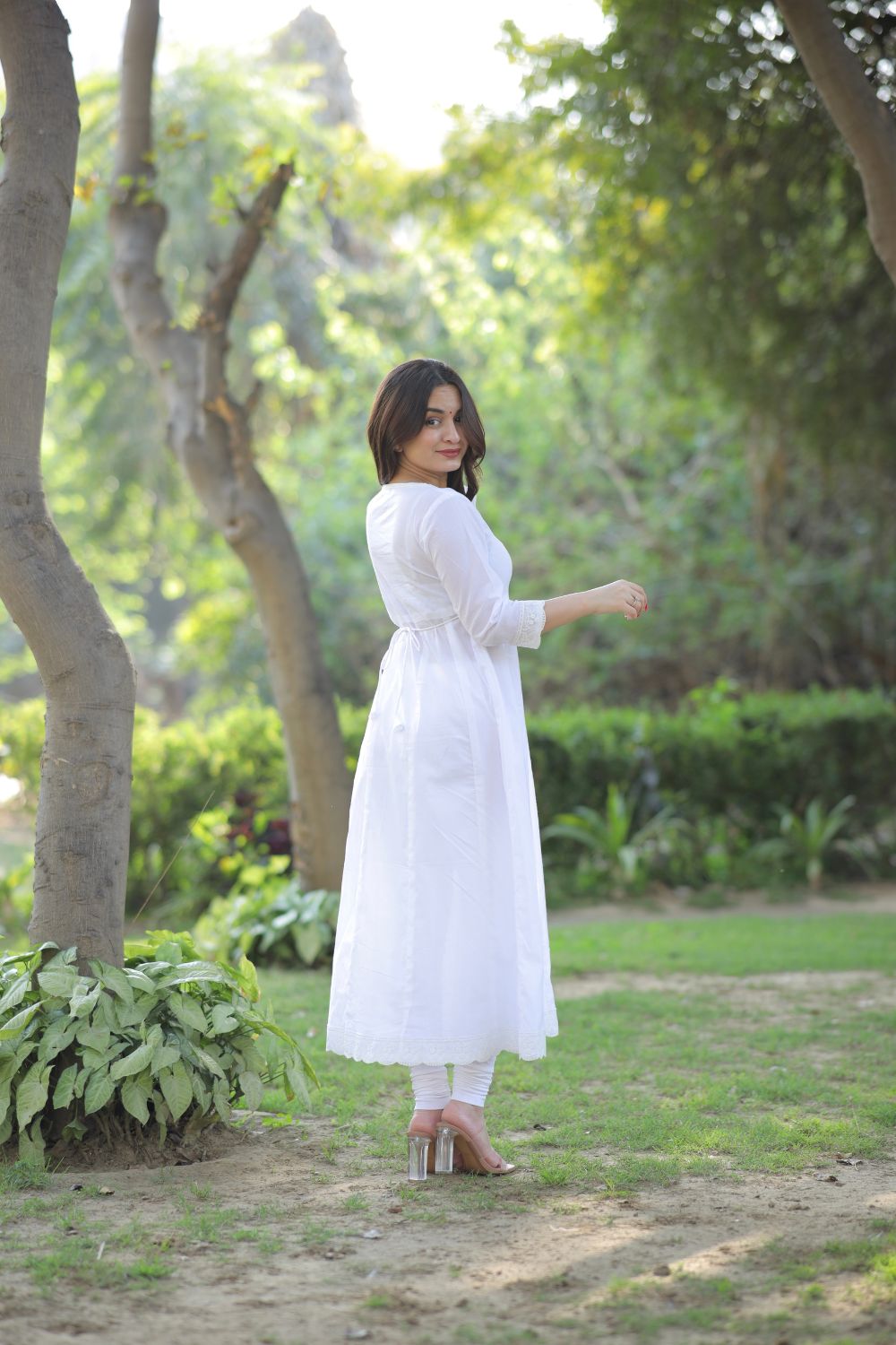 White Cotton Anarkali with Leggings