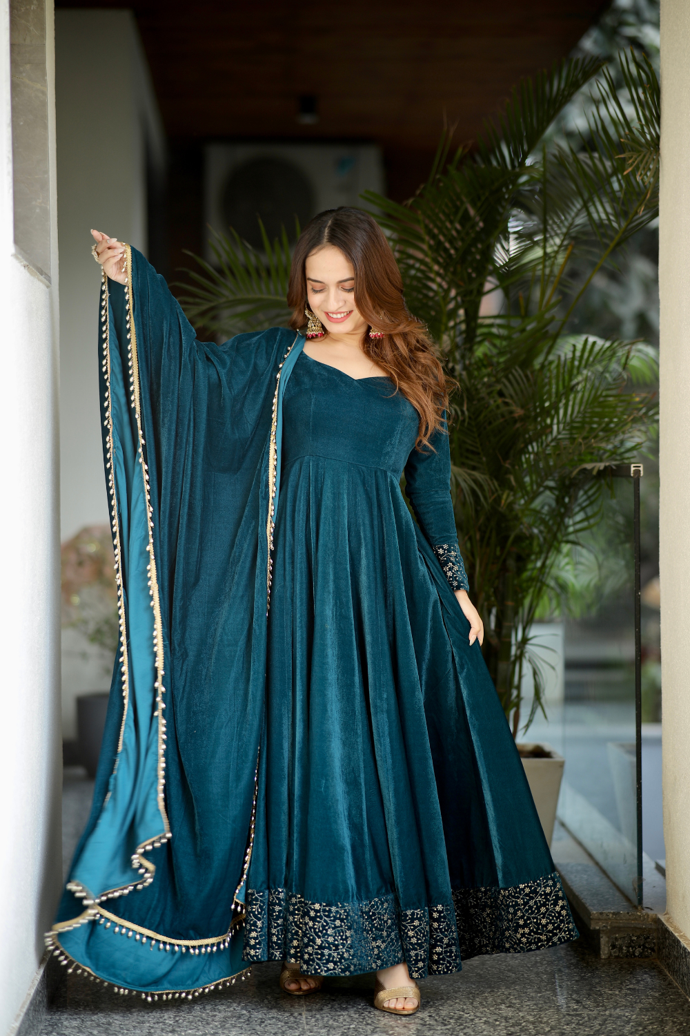 Deepika Velvet Anarkali- Sea Green