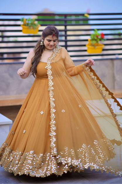 Madhubala Mirrorwork Anarkali - Brown