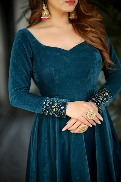 Deepika Velvet Anarkali- Sea Green