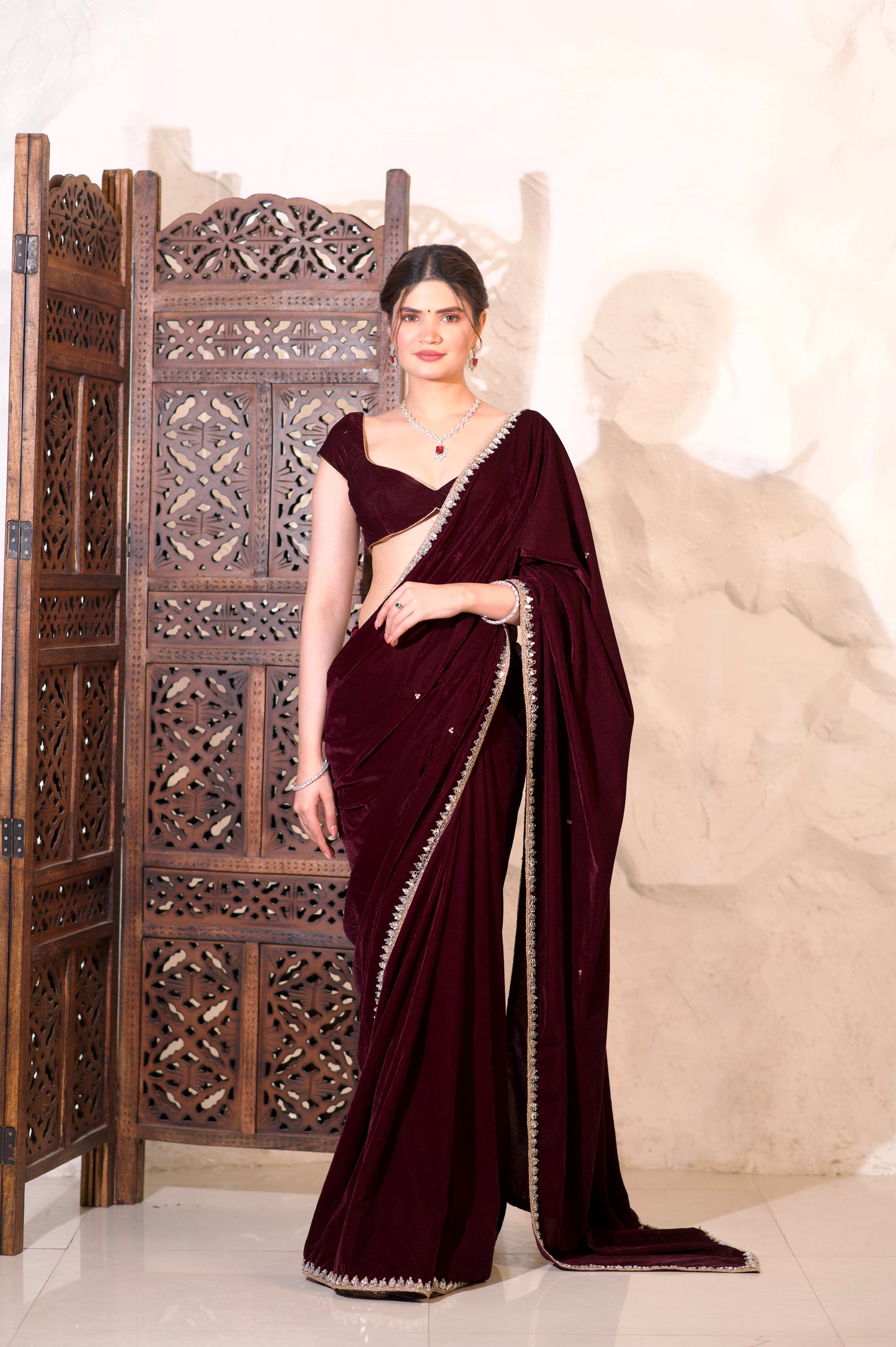 Nazia Wine Velvet Saree