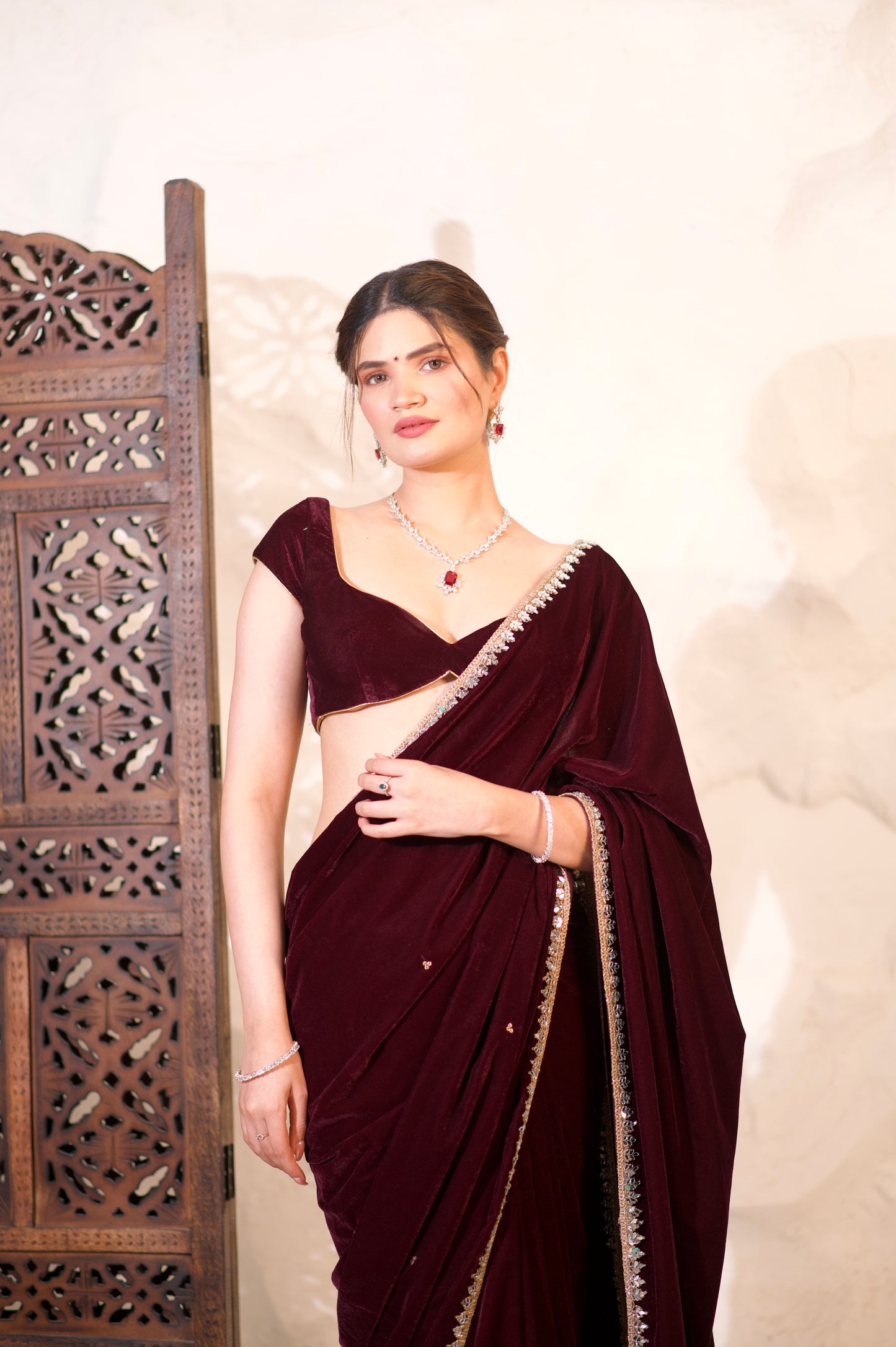 Nazia Wine Velvet Saree