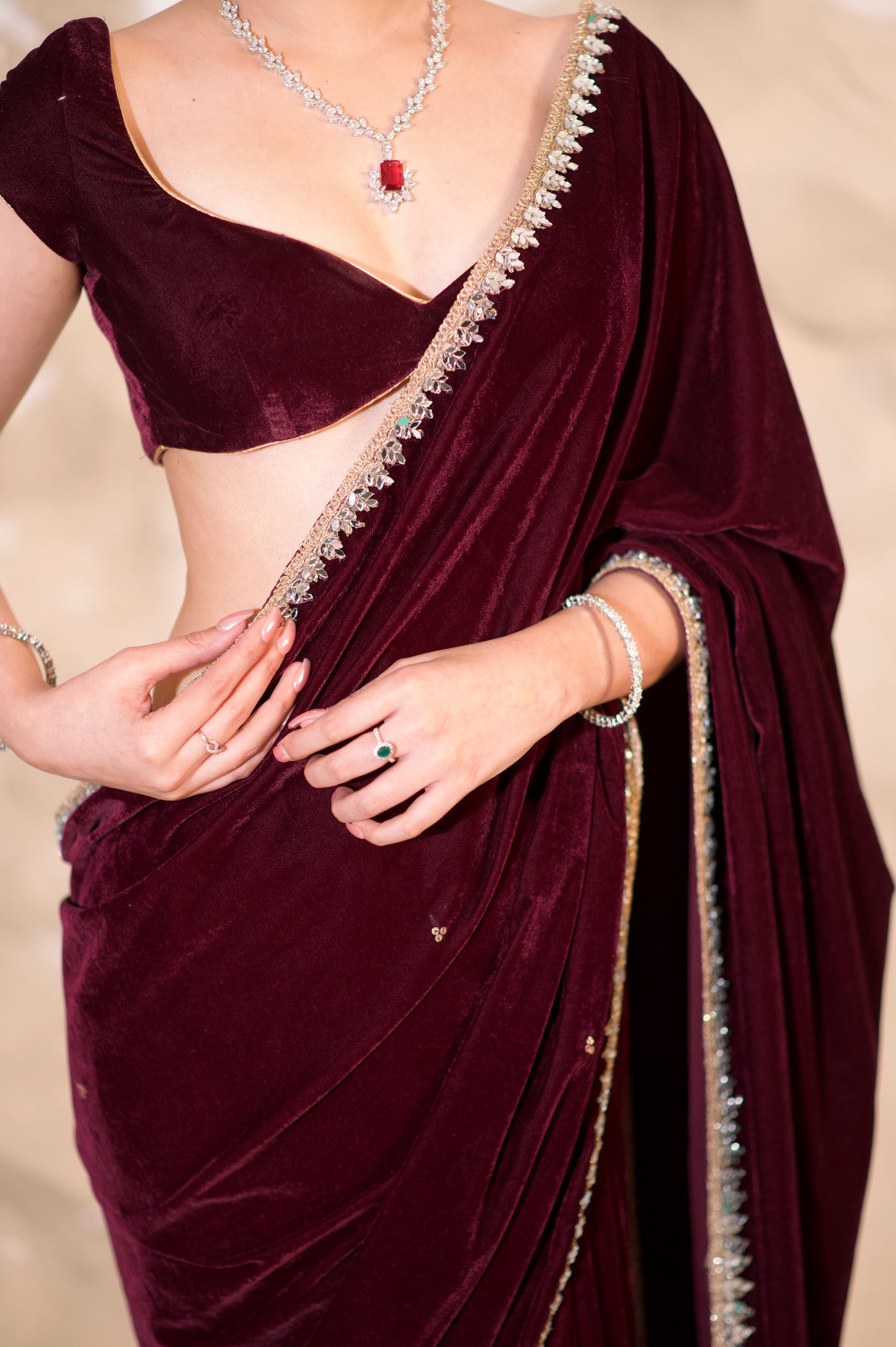 Nazia Wine Velvet Saree