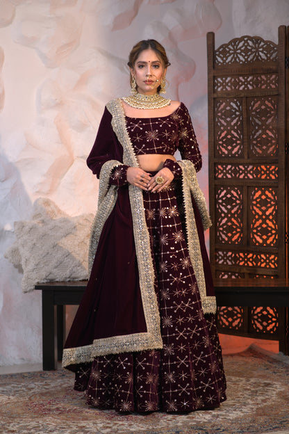 Geetanjali velvet lehnga in Wine colour