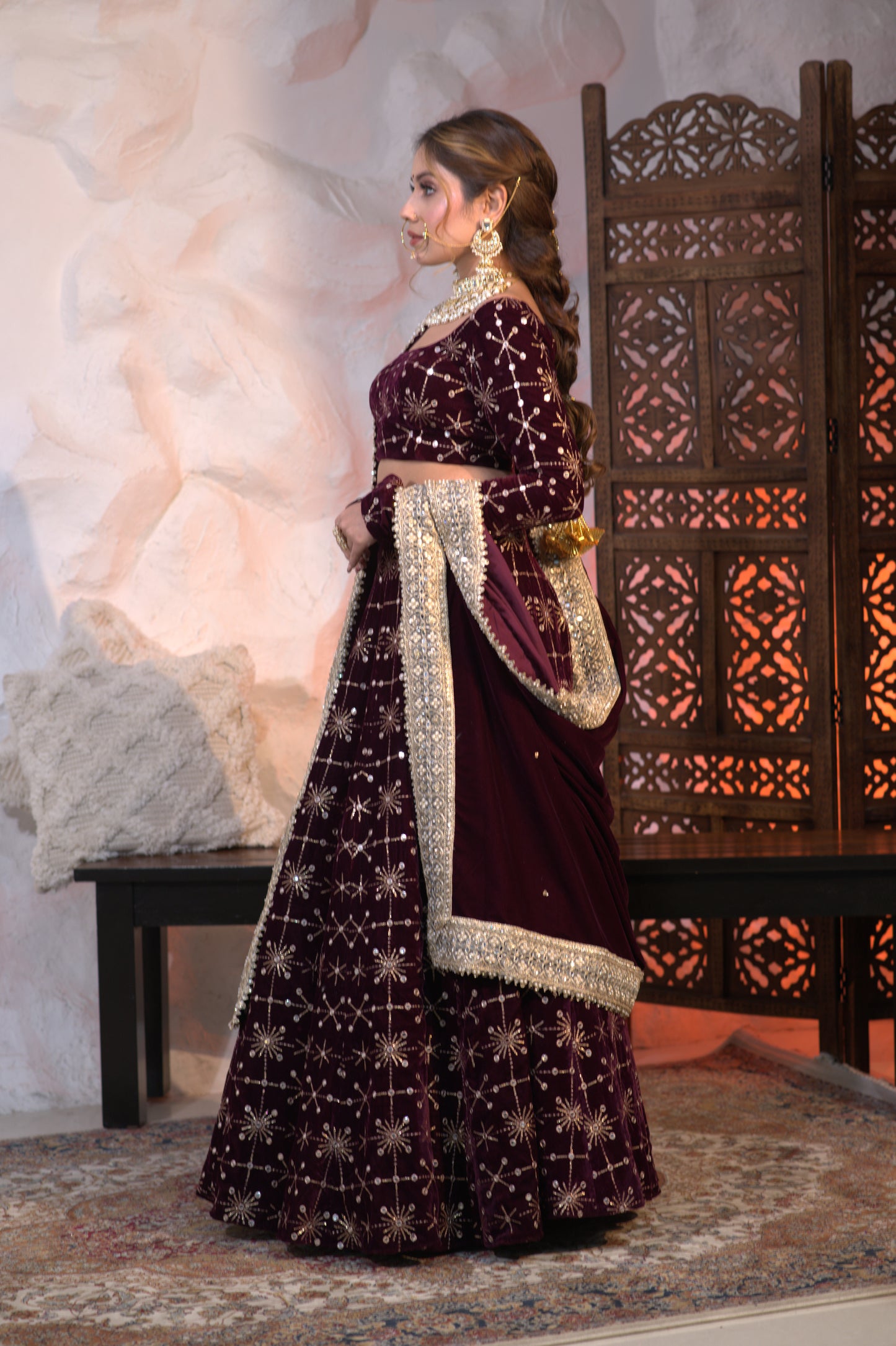 Geetanjali velvet lehnga in Wine colour