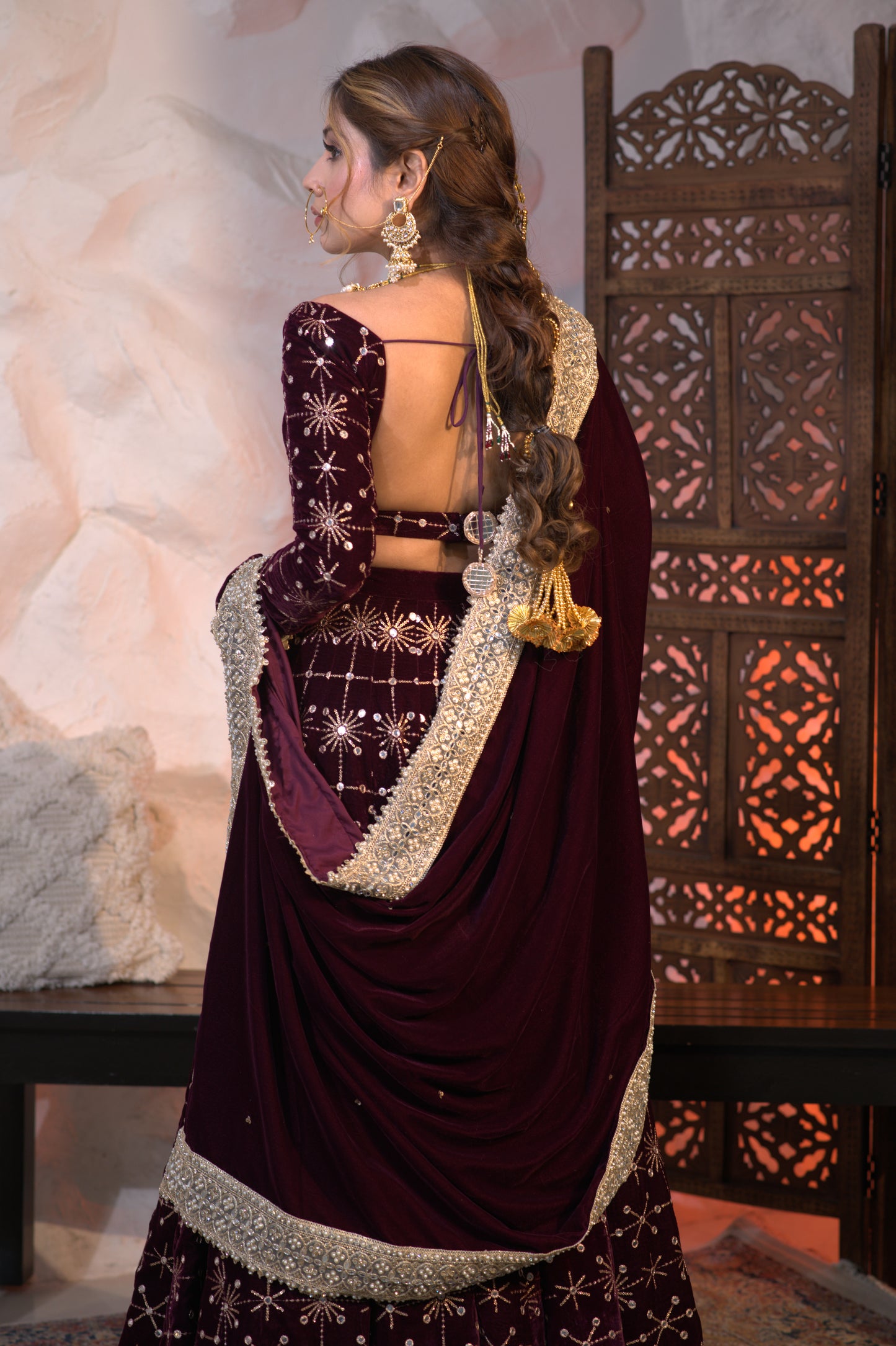 Geetanjali velvet lehnga in Wine colour