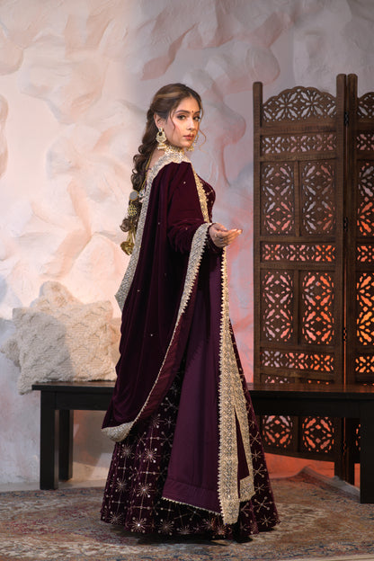 Geetanjali velvet lehnga in Wine colour