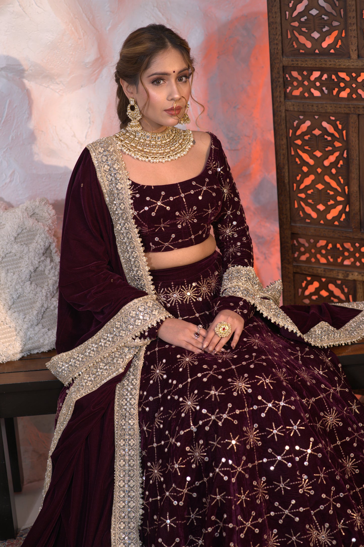 Geetanjali velvet lehnga in Wine colour