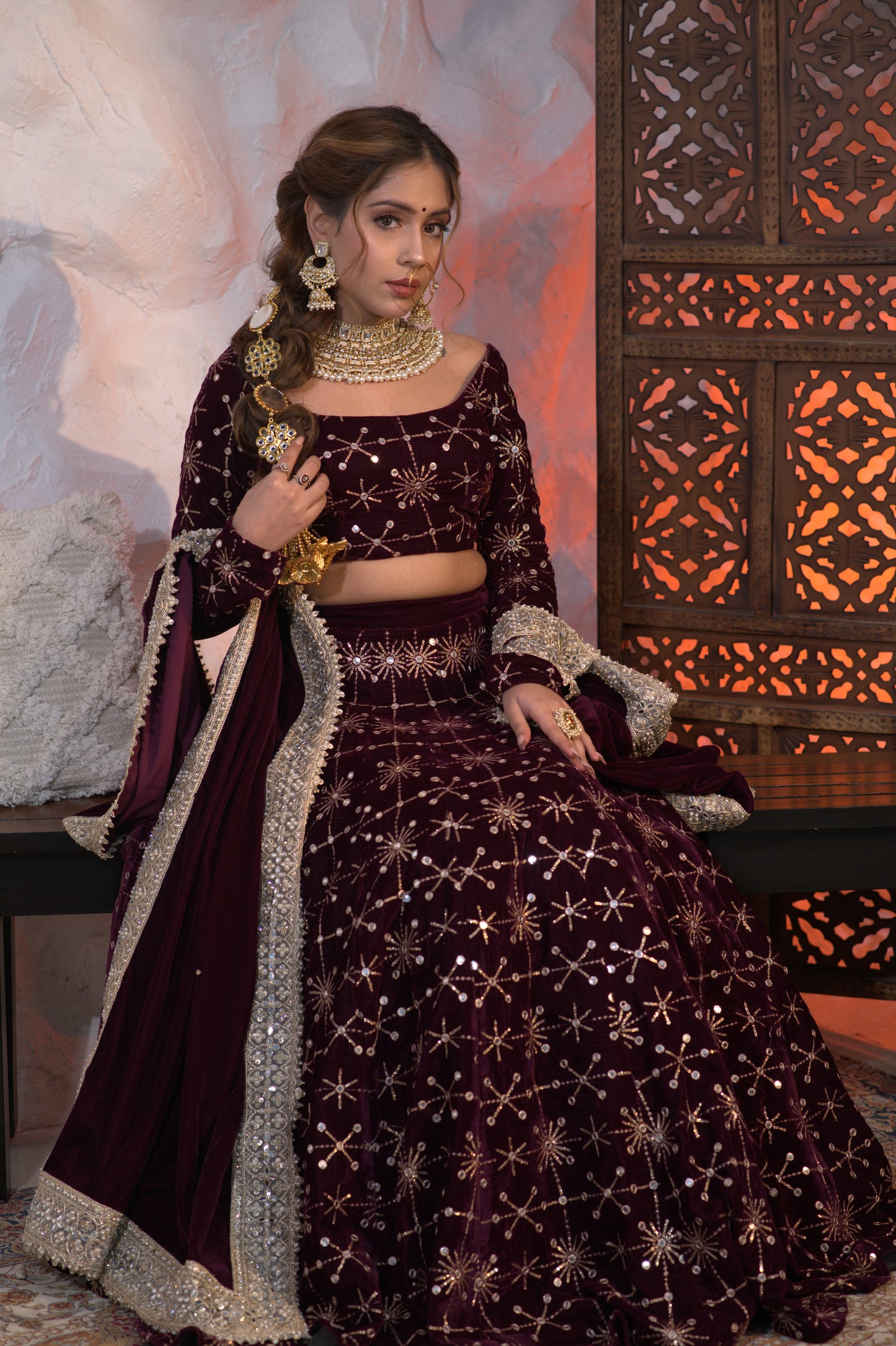 Geetanjali velvet lehnga in Wine colour