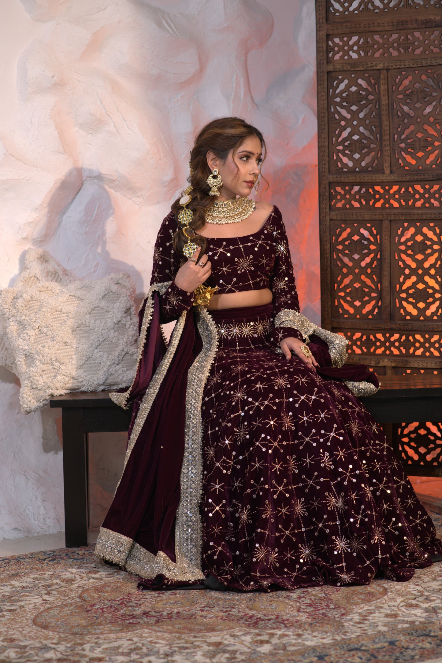 Geetanjali velvet lehnga in Wine colour