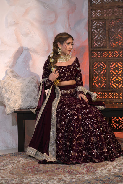 Geetanjali velvet lehnga in Wine colour