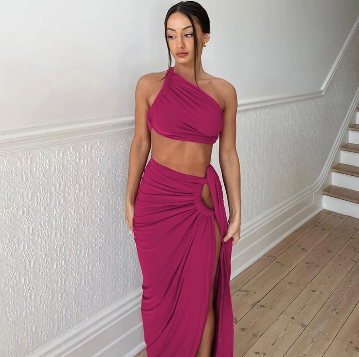 Ruched Tank Crop Top & Slit Skirt - Hot Pink