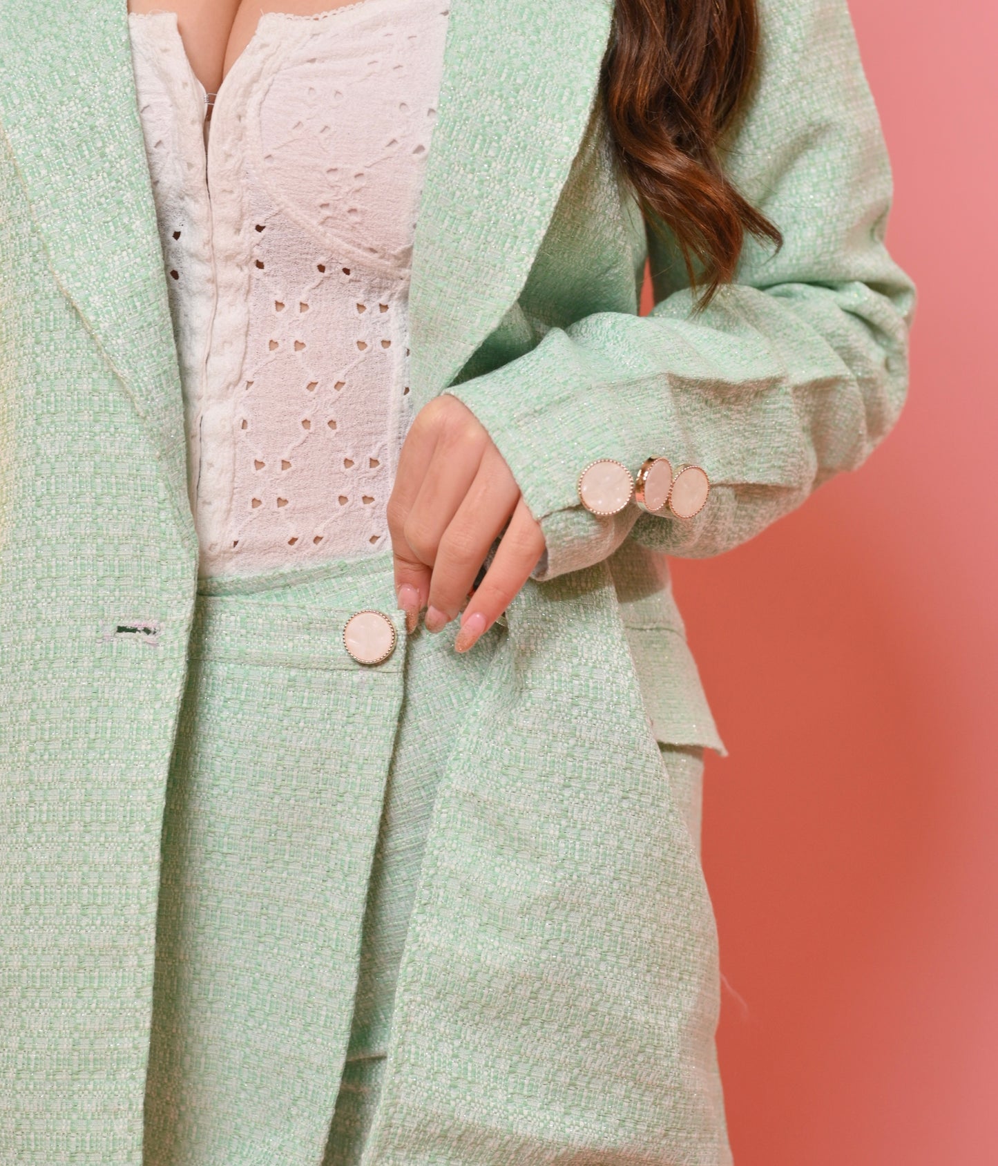 Mint Green Tweed Blazer and Skirt Set